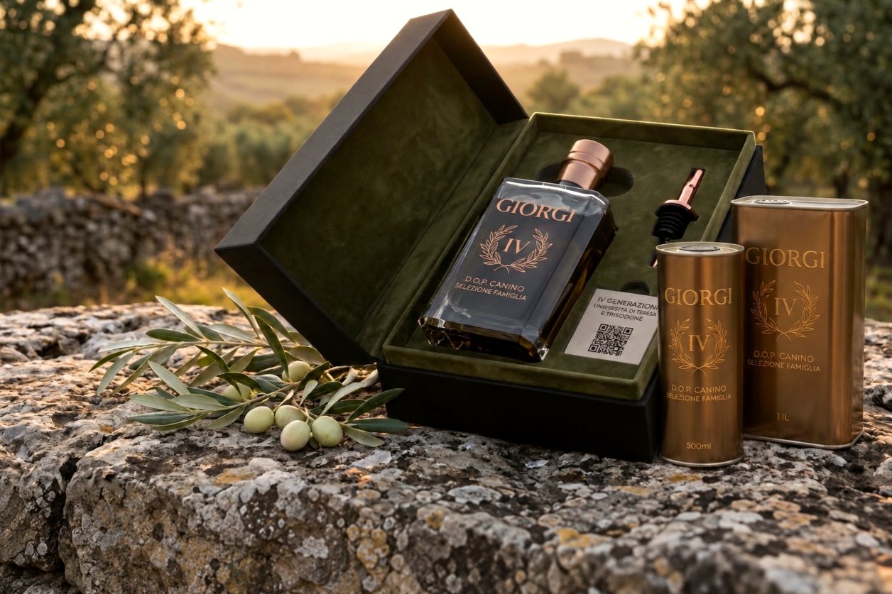 Cofanetto Giorgi IV aperto: bottiglia in vetro scuro, versatore e due latte bronzate da 500 ml e 1 litro